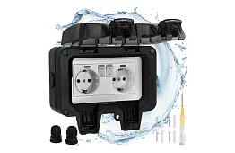 Vodotesná vonkajšia dvojitá zásuvka s klapkou - IP66, 230V, 16A