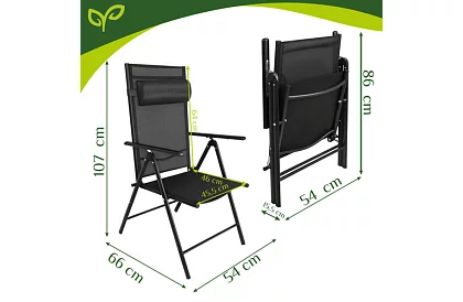 Skladacie čierne záhradné stoličky s podrúčkami a opierkou – 2 kusy