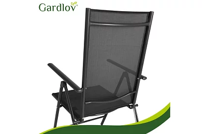 Skladacie čierne záhradné stoličky s podrúčkami a opierkou – 2 kusy