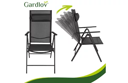 Skladacie čierne záhradné stoličky s podrúčkami a opierkou – 2 kusy