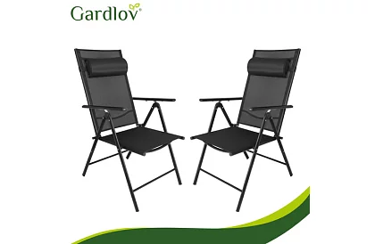 Skladacie čierne záhradné stoličky s podrúčkami a opierkou – 2 kusy