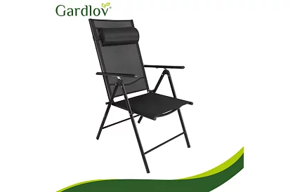 Skladacie čierne záhradné stoličky s podrúčkami a opierkou – 2 kusy