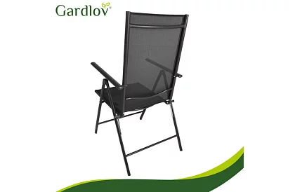 Skladacie čierne záhradné stoličky s podrúčkami a opierkou – 2 kusy