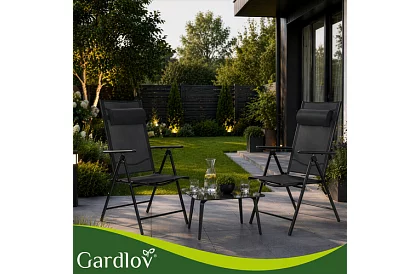 Skladacie čierne záhradné stoličky s podrúčkami a opierkou – 2 kusy