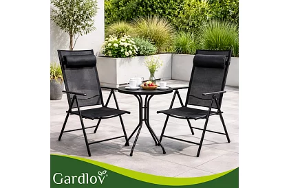 Skladacie čierne záhradné stoličky s podrúčkami a opierkou – 2 kusy
