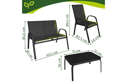 Záhradný nábytok pohovka, 2 kreslá, stôl – čierny