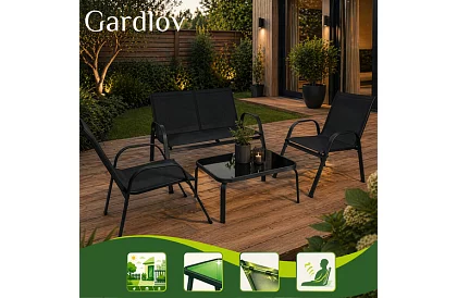 Záhradný nábytok pohovka, 2 kreslá, stôl – čierny