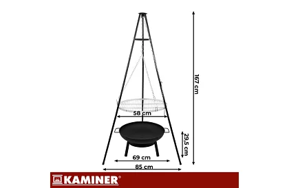 Záhradný gril s trojnožkou a závesným roštom 58 cm – krbové ohnisko