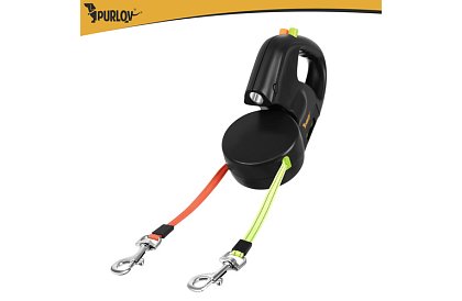 Automatické dvojité Flexi vodítko so svietidlom pre 2 psov – 2 × 3 m, LED osvetlenie