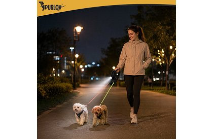 Automatické dvojité Flexi vodítko so svietidlom pre 2 psov – 2 × 3 m, LED osvetlenie