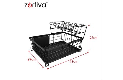 Odkvapkávač na riad, dvojúrovňový, veľký 43 cm - čierny s priehradkou na príbory