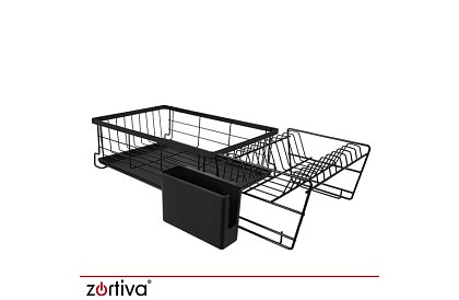 Odkvapkávač na riad, dvojúrovňový, veľký 43 cm - čierny s priehradkou na príbory