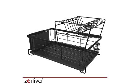 Odkvapkávač na riad, dvojúrovňový, veľký 43 cm - čierny s priehradkou na príbory