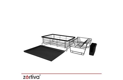 Odkvapkávač na riad, dvojúrovňový, veľký 43 cm - čierny s priehradkou na príbory
