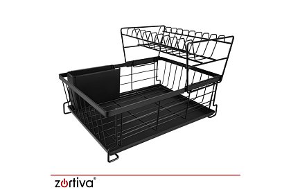 Odkvapkávač na riad, dvojúrovňový, veľký 43 cm - čierny s priehradkou na príbory