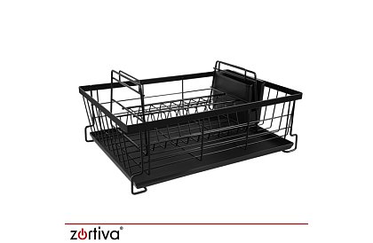Odkvapkávač na riad, dvojúrovňový, veľký 43 cm - čierny s priehradkou na príbory