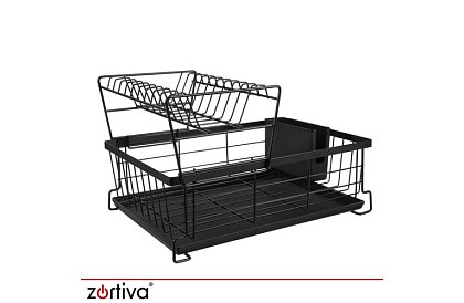 Odkvapkávač na riad, dvojúrovňový, veľký 43 cm - čierny s priehradkou na príbory