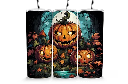 Cestovný termokelímok s brčkom 590 ml – Halloweenske tekvice v lese 03
