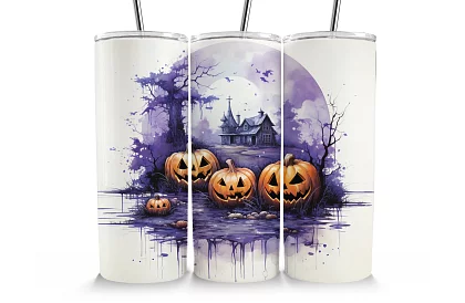 Cestovný termokelímok s brčkom 590 ml – Halloweenský strašidelný dom a tekvica 04