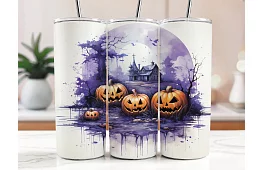 Cestovný termokelímok s brčkom 590 ml – Halloweenský strašidelný dom a tekvica 04