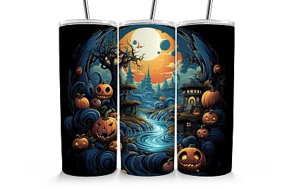 Cestovný termokelímok s brčkom 590 ml – Halloweenska krajina s tekvicami a riekou 05