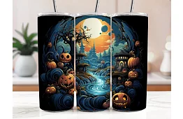 Cestovný termokelímok s brčkom 590 ml – Halloweenska krajina s tekvicami a riekou 05
