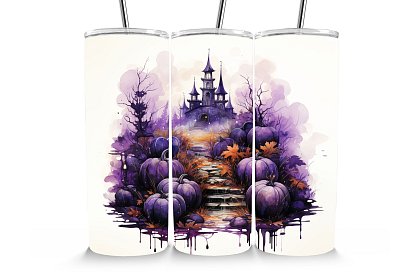 Cestovný termokelímok s brčkom 590 ml – Halloweensky fialový hrad s tekvicami 17