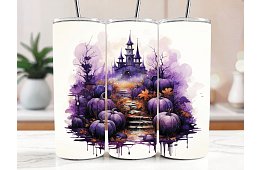 Cestovný termokelímok s brčkom 590 ml – Halloweensky fialový hrad s tekvicami 17