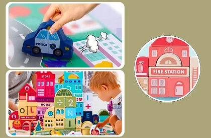 Drevené kocky – Mesto 115 ks s podložkou