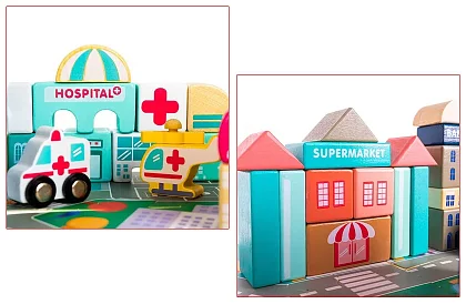 Drevené kocky – Mesto 115 ks s podložkou