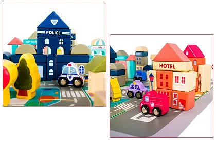 Drevené kocky – Mesto 115 ks s podložkou