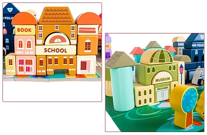 Drevené kocky – Mesto 115 ks s podložkou