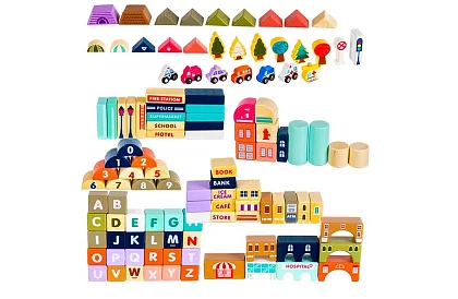 Drevené kocky – Mesto 115 ks s podložkou