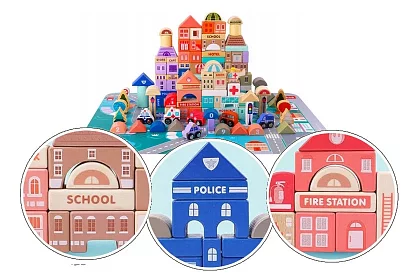 Drevené kocky – Mesto 115 ks s podložkou