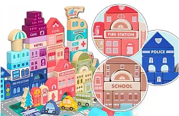 Drevené kocky – Mesto 115 ks s podložkou