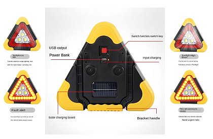 LED výstražný trojuholník so svietidlom, powerbankou a solárnym nabíjaním