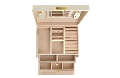 Elegantná šperkovnica – béžová so zámkom a saténovým povrchom