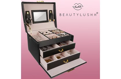 Elegantná šperkovnica – čierna so zámkom a saténovým povrchom