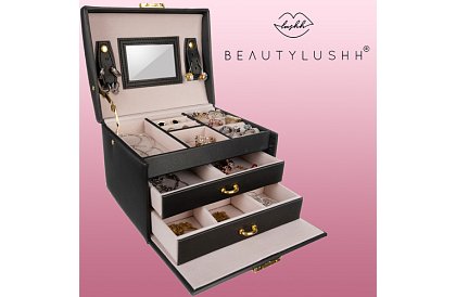 Elegantná šperkovnica – čierna so zámkom a saténovým povrchom