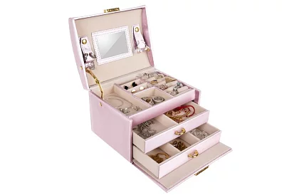 Elegantná šperkovnica – ružová s zámkom a saténovým povrchom