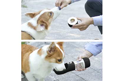 Cestovná fľaša na vodu pre psov s miskou na maškrty