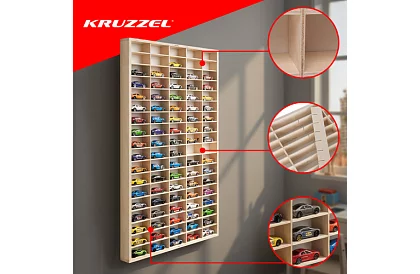 Drevená polička - organizér na autíčka - 90 priehradiek