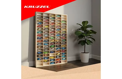 Drevená polička - organizér na autíčka - 90 priehradiek