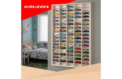 Drevená polička - organizér na autíčka - 90 priehradiek