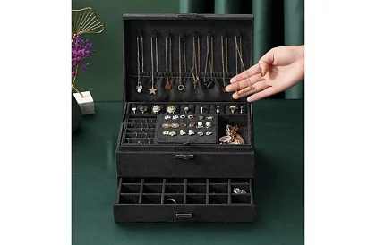 Elegantná semišová šperkovnica - čierna