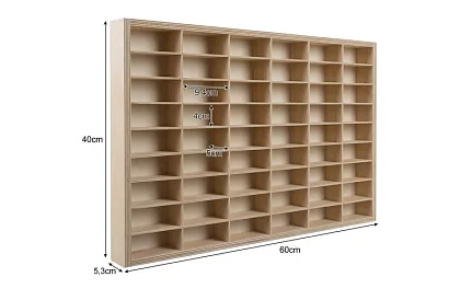 Drevená polička - organizér na autíčka - 54 priehradiek