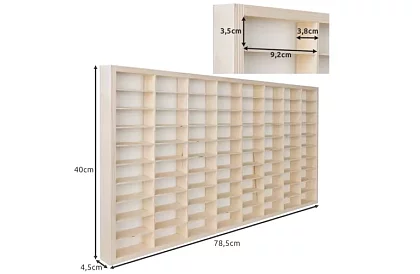 Drevená polička – organizér na autíčka – 80 priehradiek