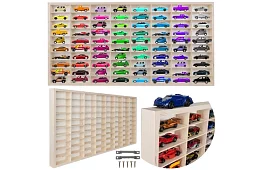 Drevená polička – organizér na autíčka – 80 priehradiek