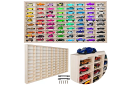Drevená polička – organizér na autíčka – 80 priehradiek