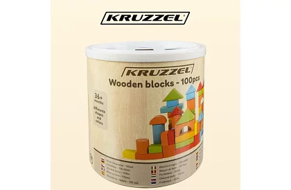 Drevené kocky v vedre s triedičom tvarov – 100 ks